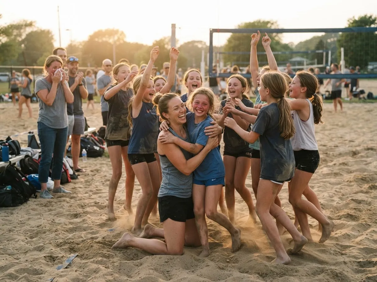 Coach and teammates celebrate with young volleyball player on sunny sand court, parent smiling nearby.