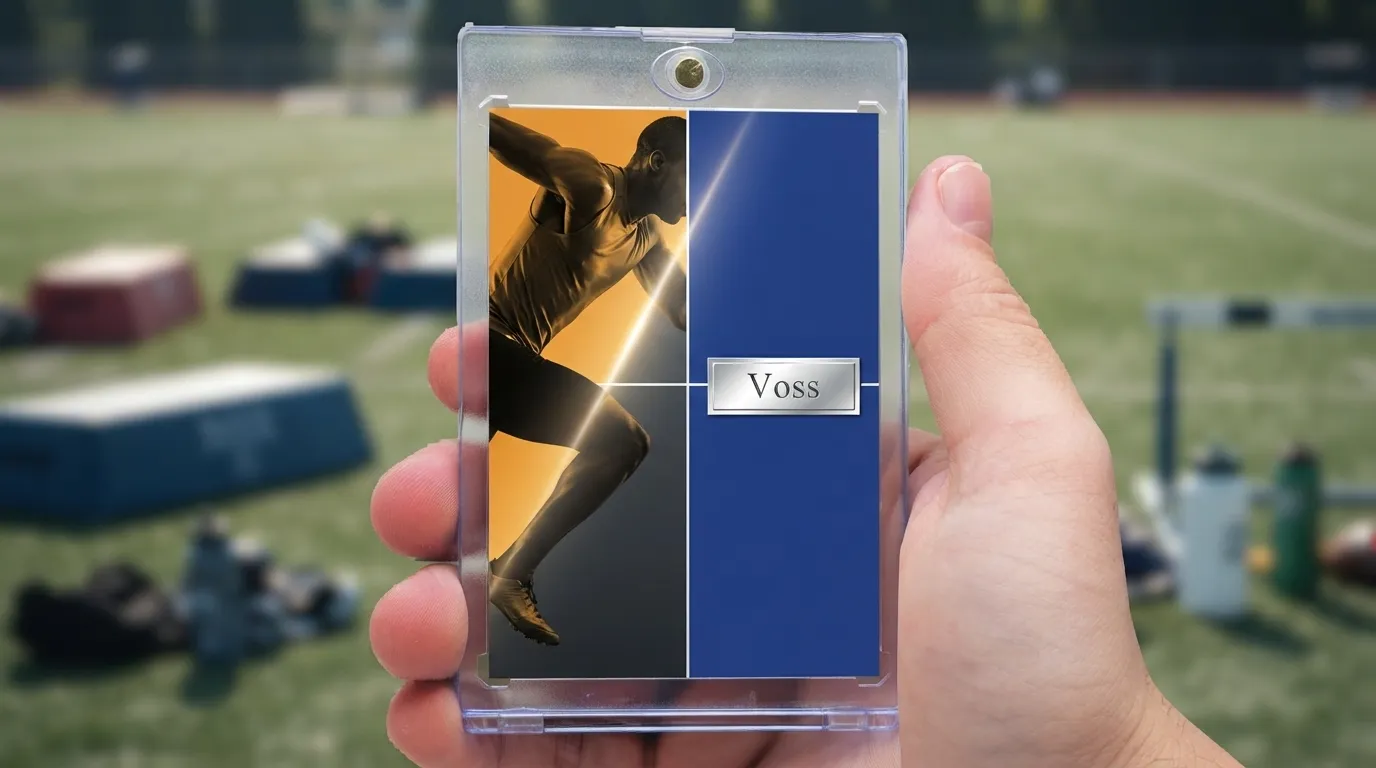 Hand holding magnetic case with volume sports photography trading card, split action photo design.