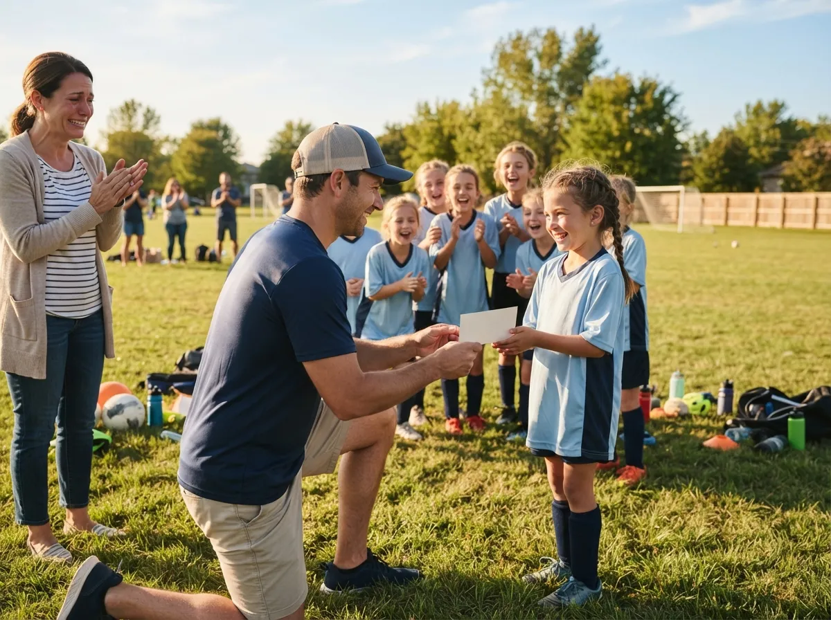 Coach and beaming young athlete share proud moment as team celebrates on sunny field.