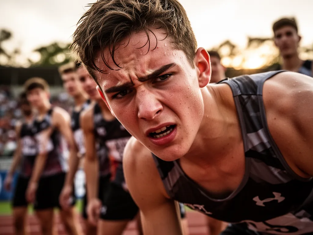 Young athlete's focused face showing determination during intense outdoor sports competition