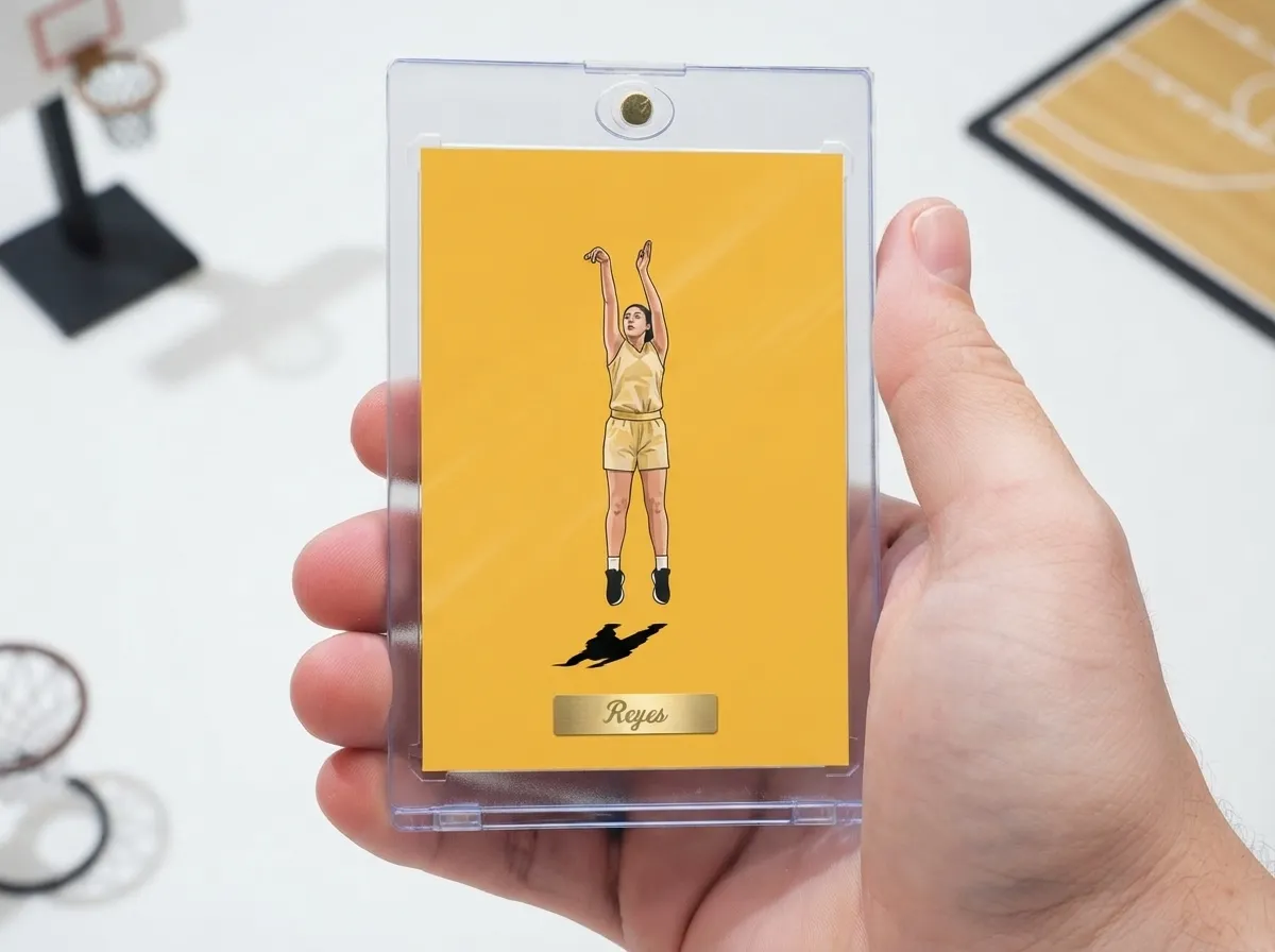 Custom sports trading card in magnetic case, yellow editorial design with isolated athlete.