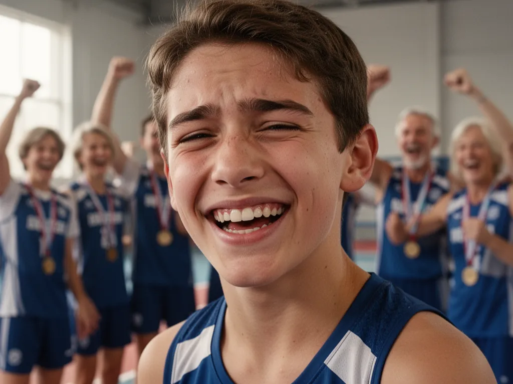Young athlete's proud emotional expression with celebrating family and teammates softly blurred behind
