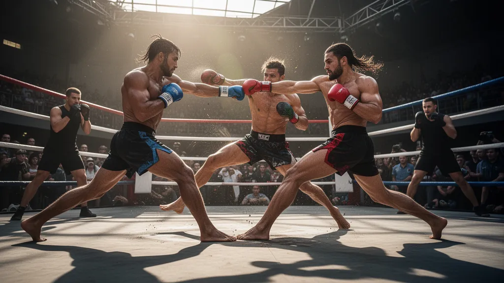 Two martial arts warriors in dynamic combat stance during competitive match with natural outdoor lighting