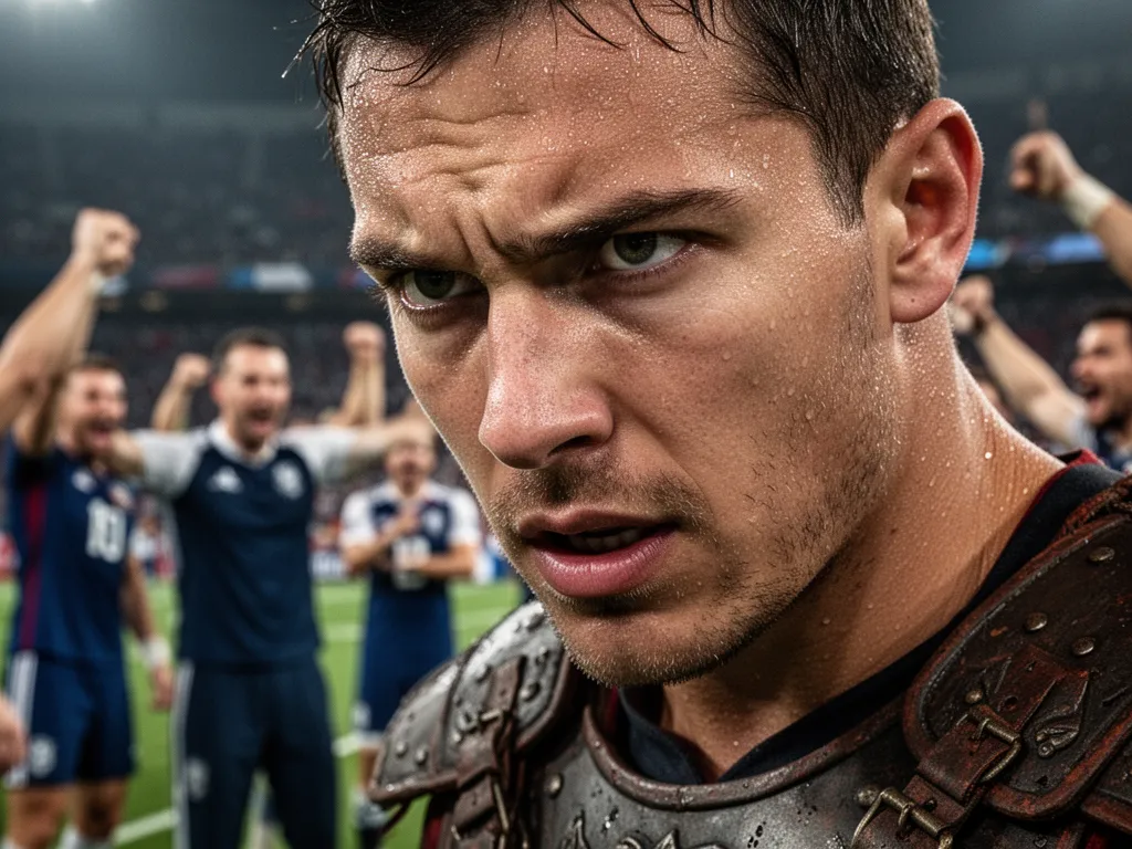 Warrior athlete's intense concentrated expression showing determination with supportive team members visible behind