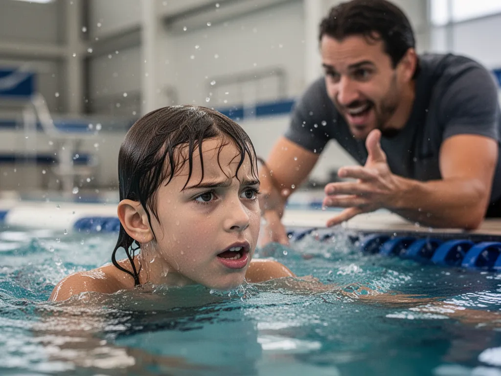 Young swimmer emerging from water with focused expression while coach provides poolside guidance and encouragement