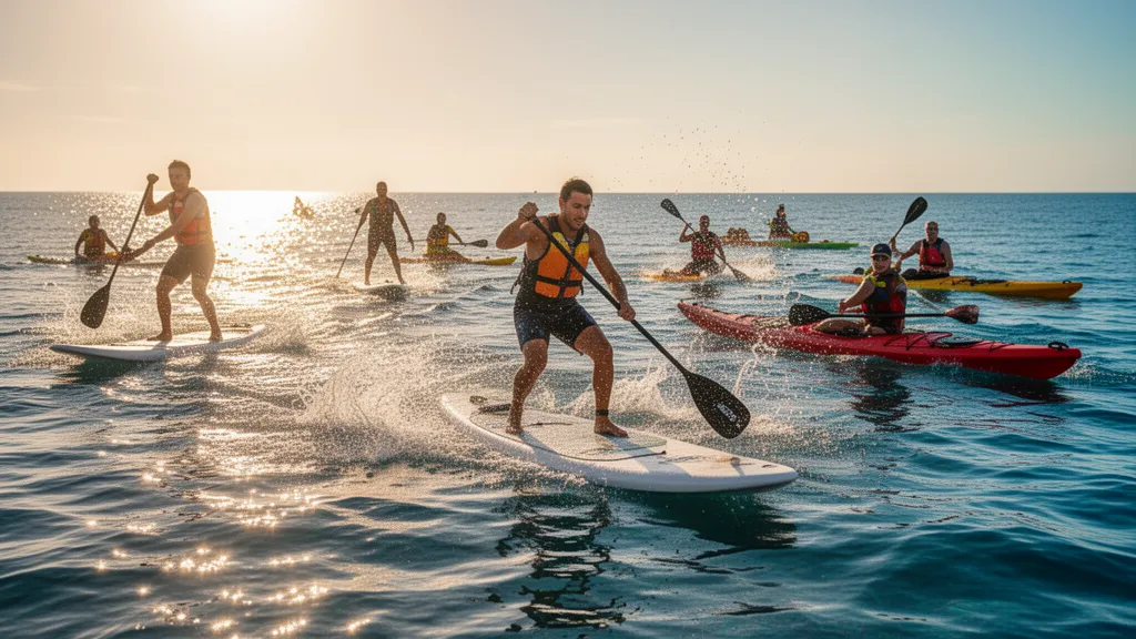 [Multiple water sports athletes paddleboarding and kayaking together on bright blue ocean with golden sunlight]