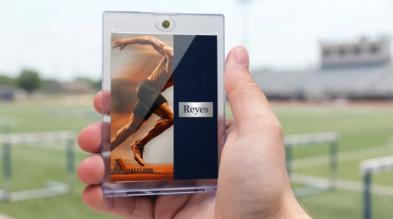 Hand holding magnetic case with wedding favor ideas sports trading card, split action design, foil nameplate.