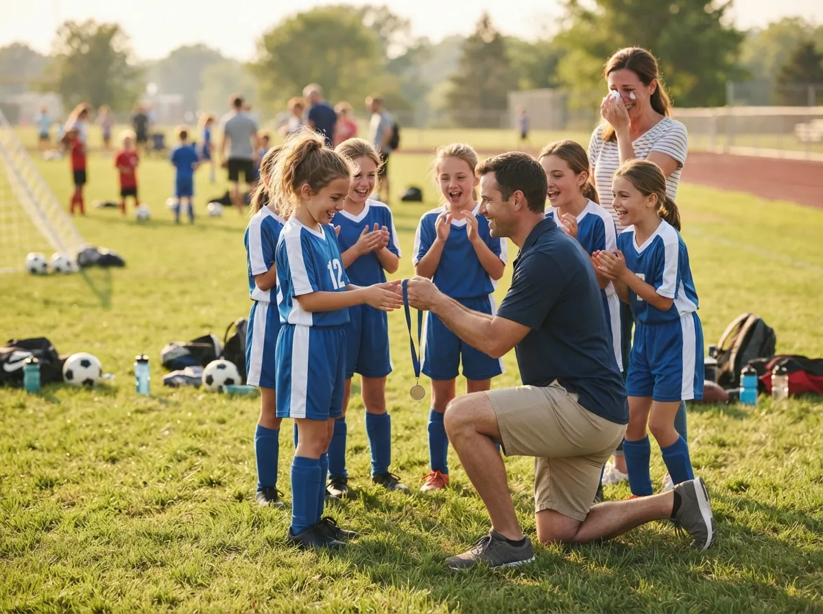 Coach and young athlete share proud, emotional moment on sunny field with teammates nearby.