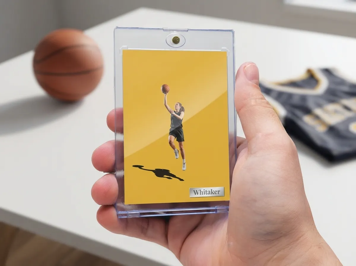 Custom sports trading card in magnetic case, bold yellow editorial design, athlete cutout with shadow.