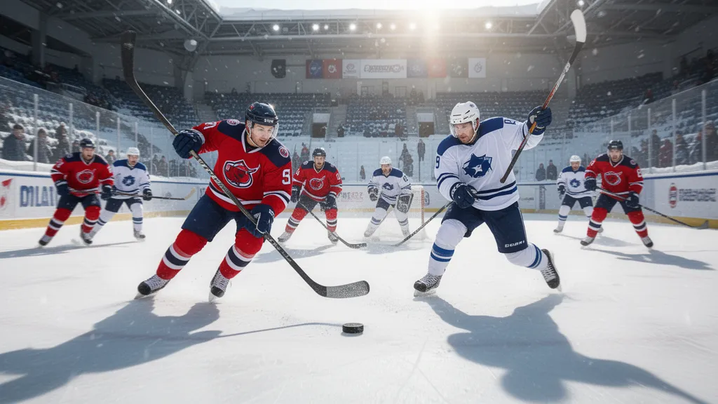 Hockey players in intense motion during outdoor tournament game with natural daylight illuminating the ice rink.