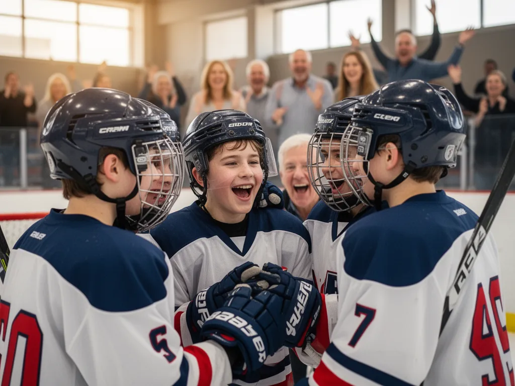 Young hockey players embracing in celebration after scoring goal during weekend tournament competition.