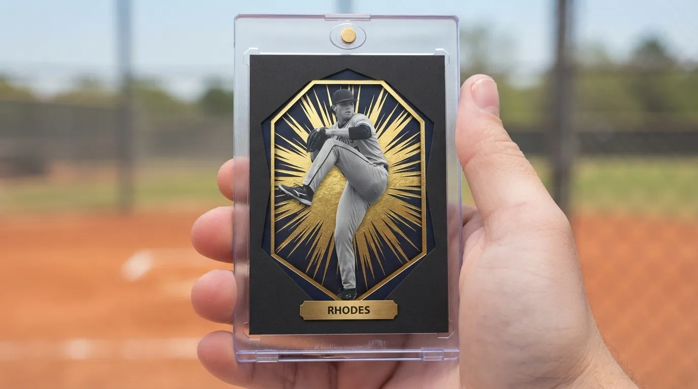 Hand holding magnetic case with gold foil baseball card, answering what are the best baseball cards to buy.