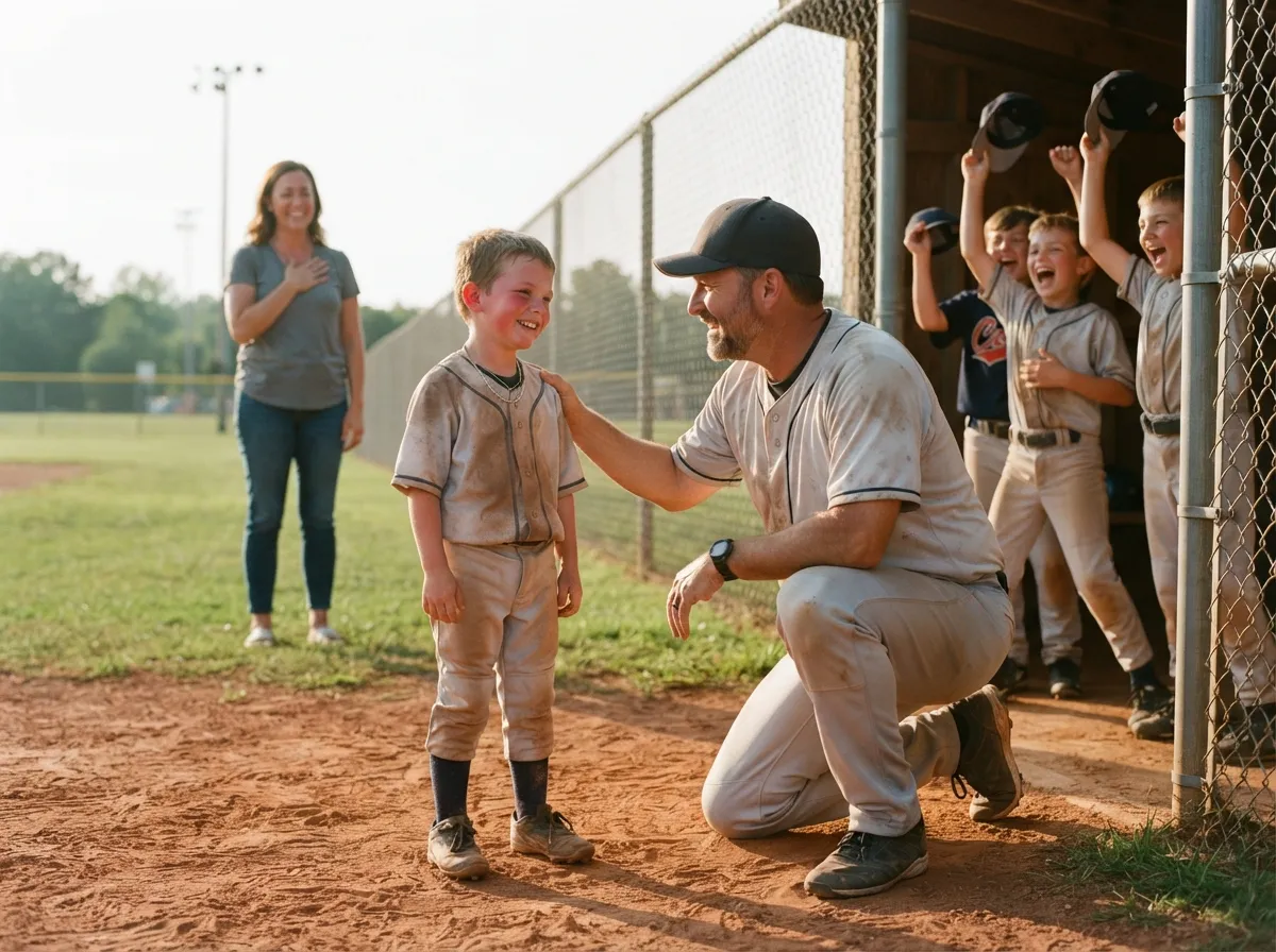 Coach and young baseball player share a proud emotional moment on the sunlit diamond.