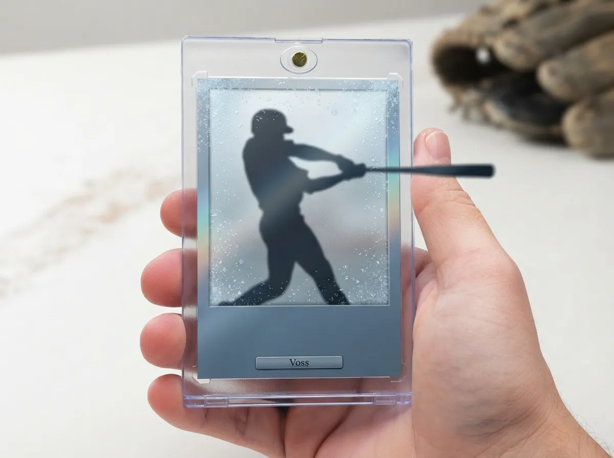 Custom baseball trading card in clear magnetic case showing icy blue refractor design.
