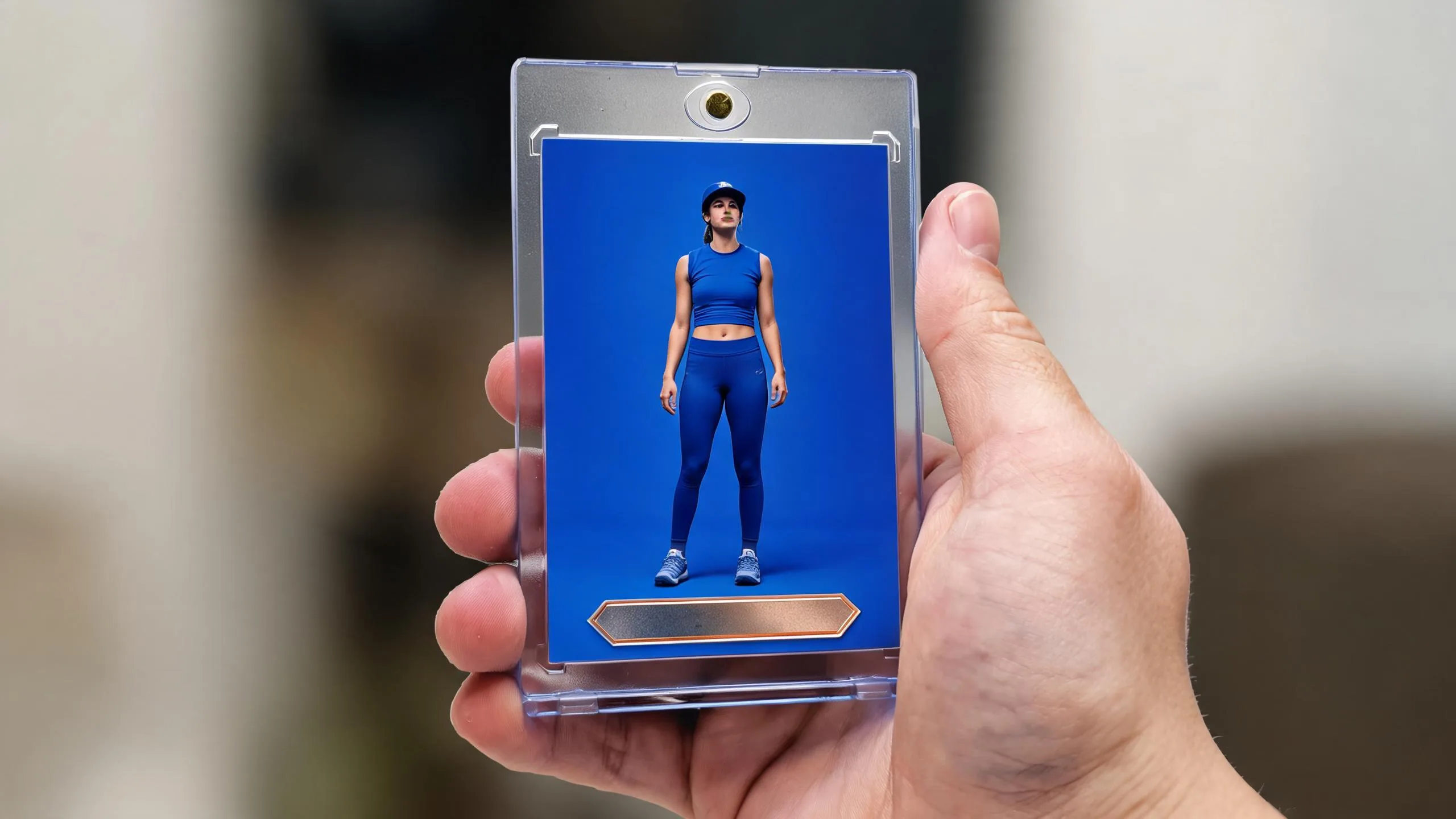 Hand holds magnetic case with custom card, illustrating what are the best cameras for sports photography.