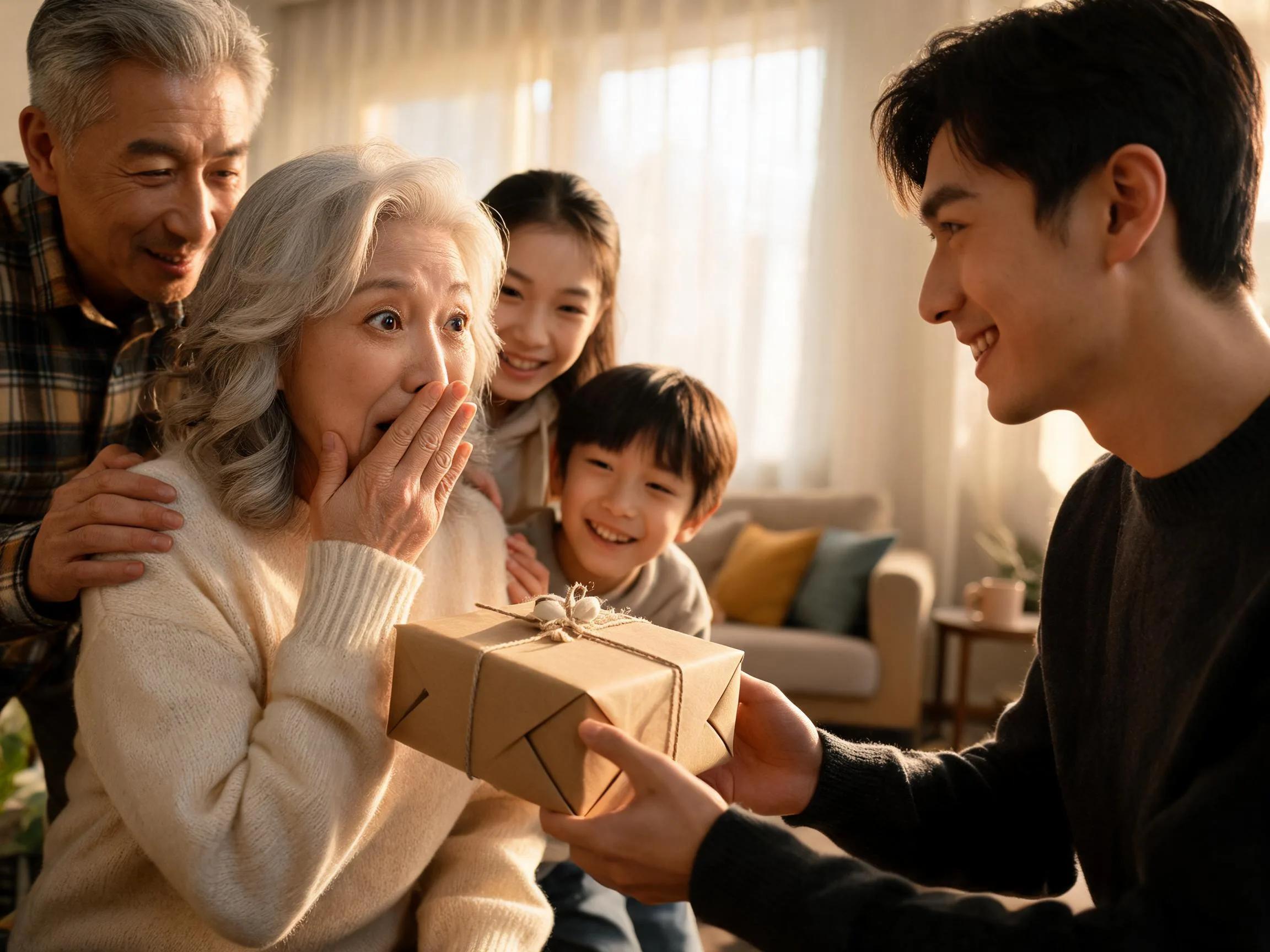 Family surprises grandmother with an unexpected gift, warm emotional candid moment indoors.