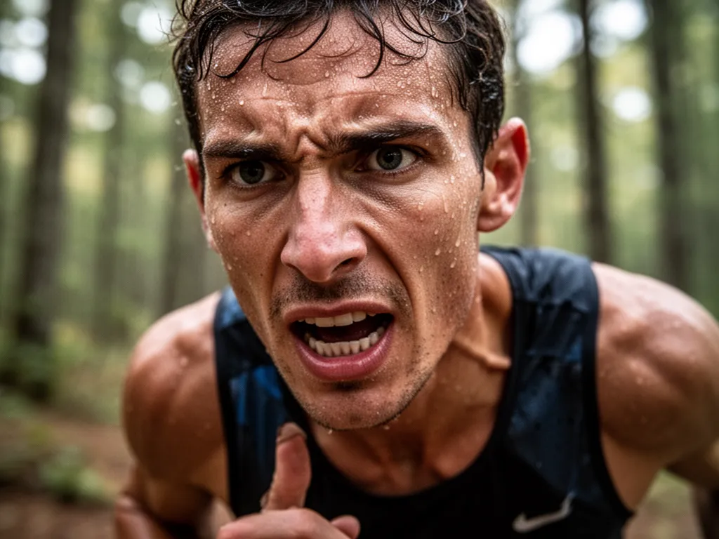 Trail runner's concentrated expression during intense outdoor run through natural forest landscape