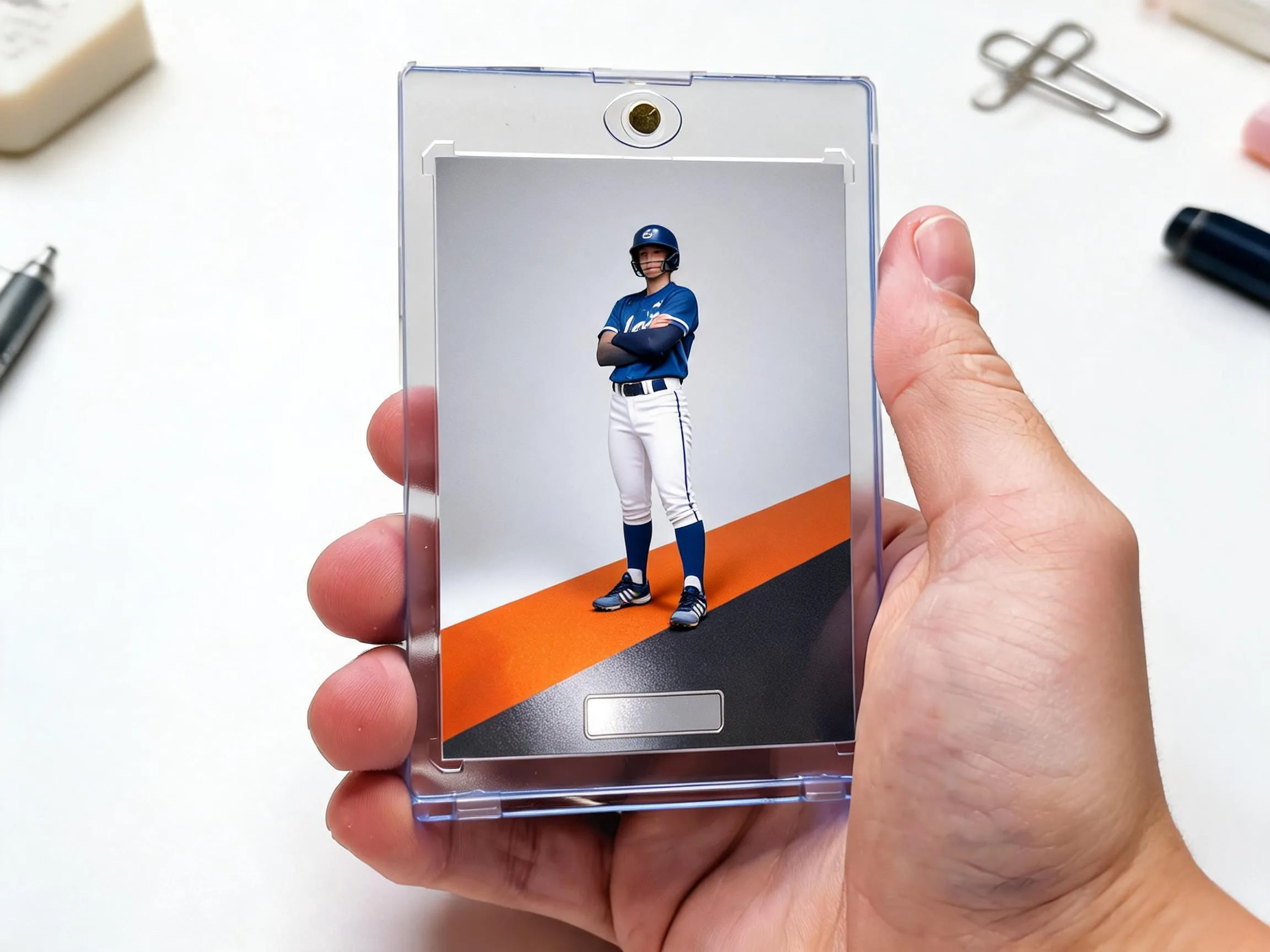 Custom keepsake trading card in clear magnetic case displayed above a white tabletop.