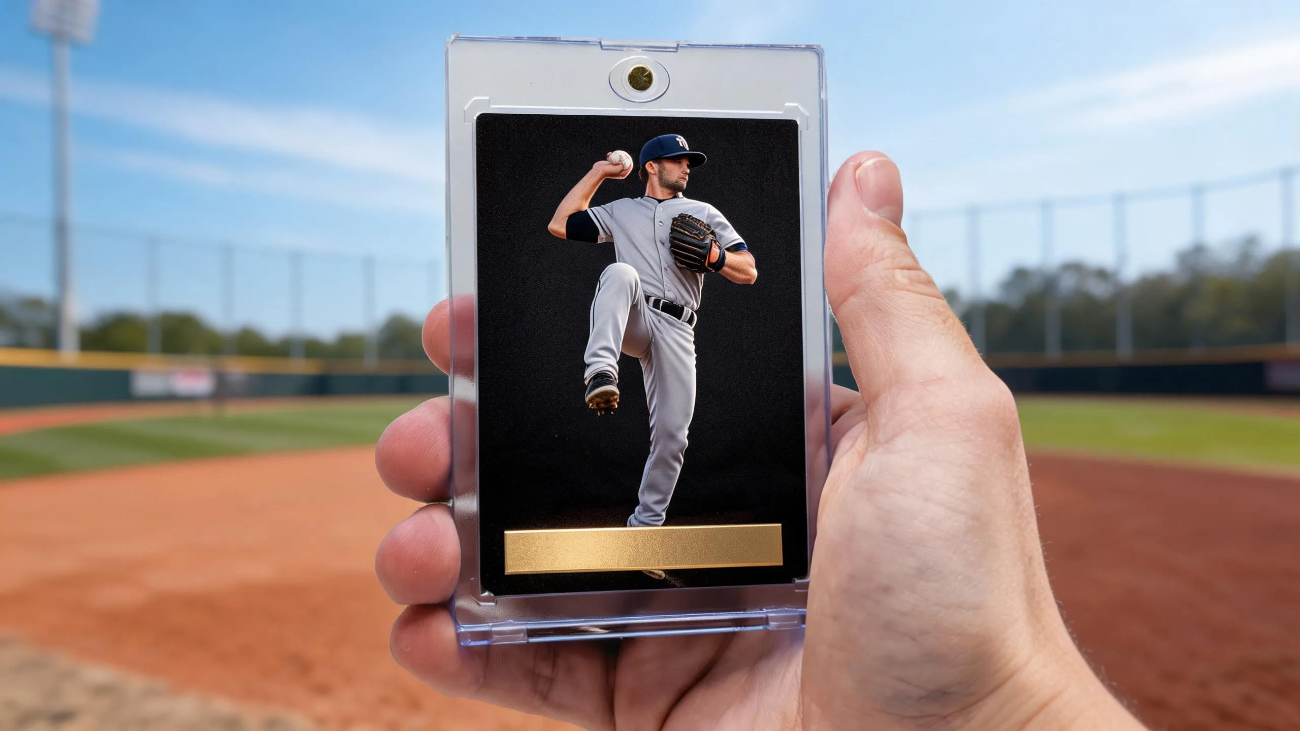 Hand holding magnetic case with premium baseball card, exploring what are the best Topps cards to buy
