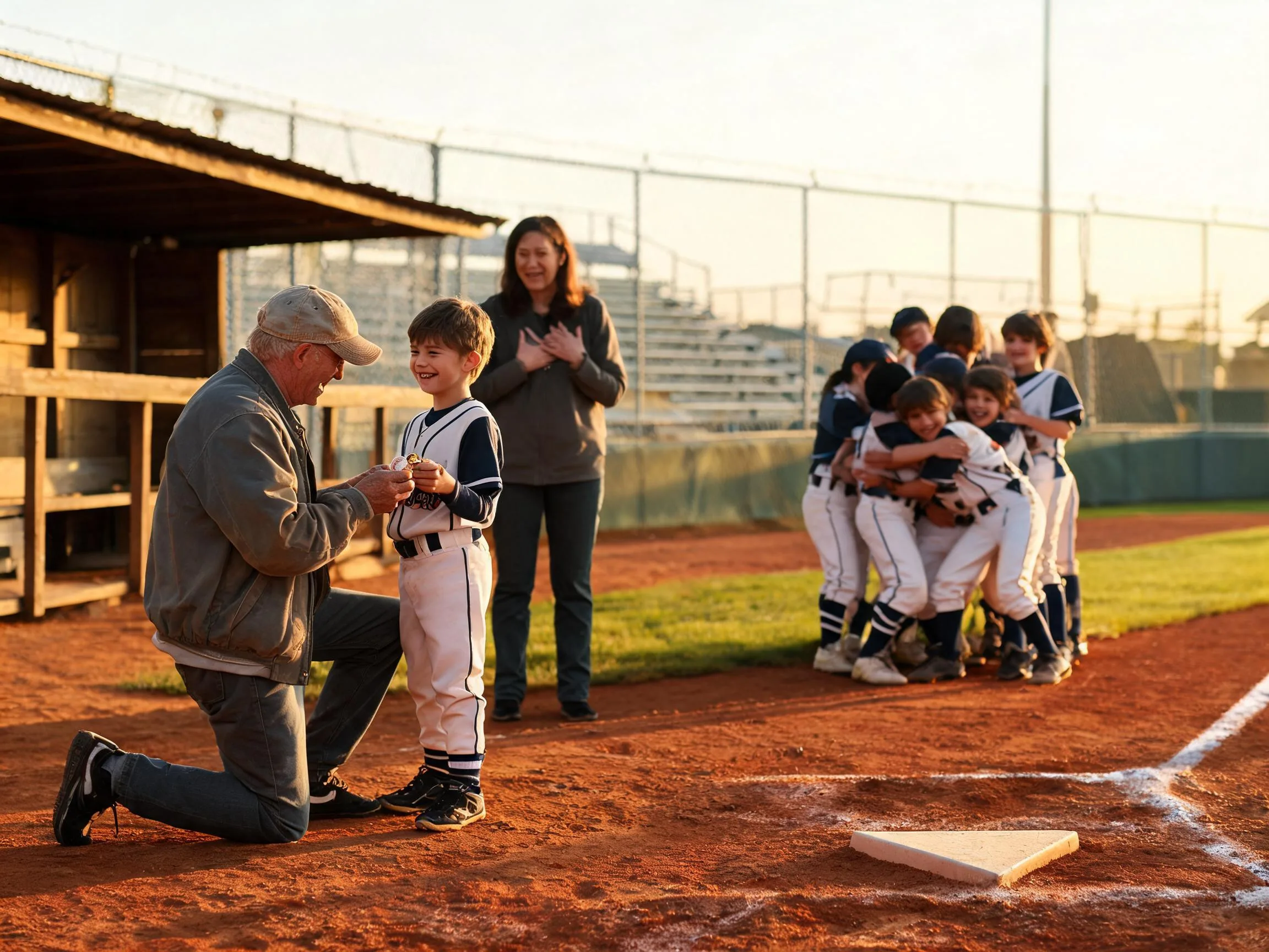 Coach and proud parent celebrate with young baseball player at sunlit ballpark