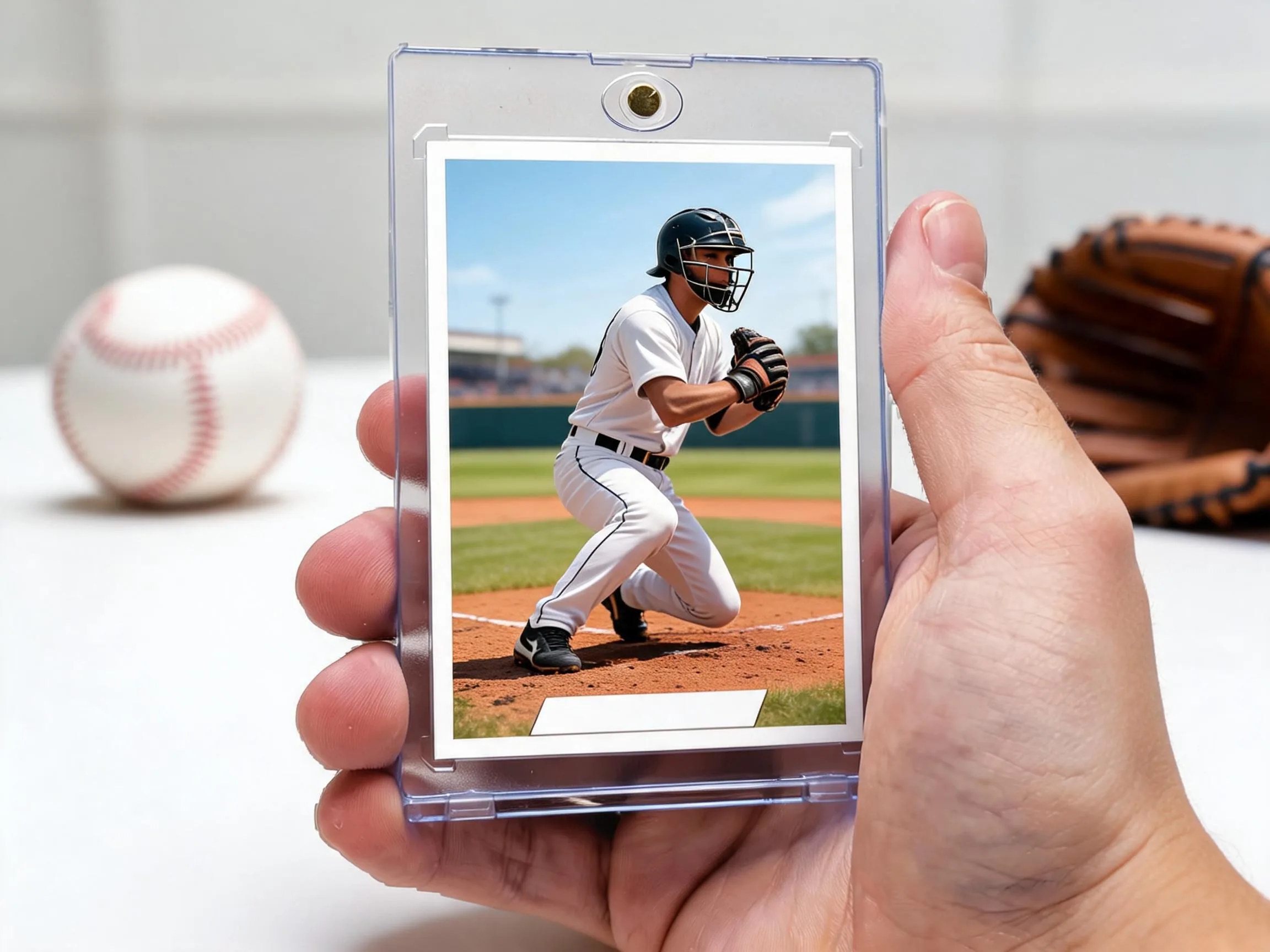 Custom baseball trading card in clear magnetic case displayed on white tabletop