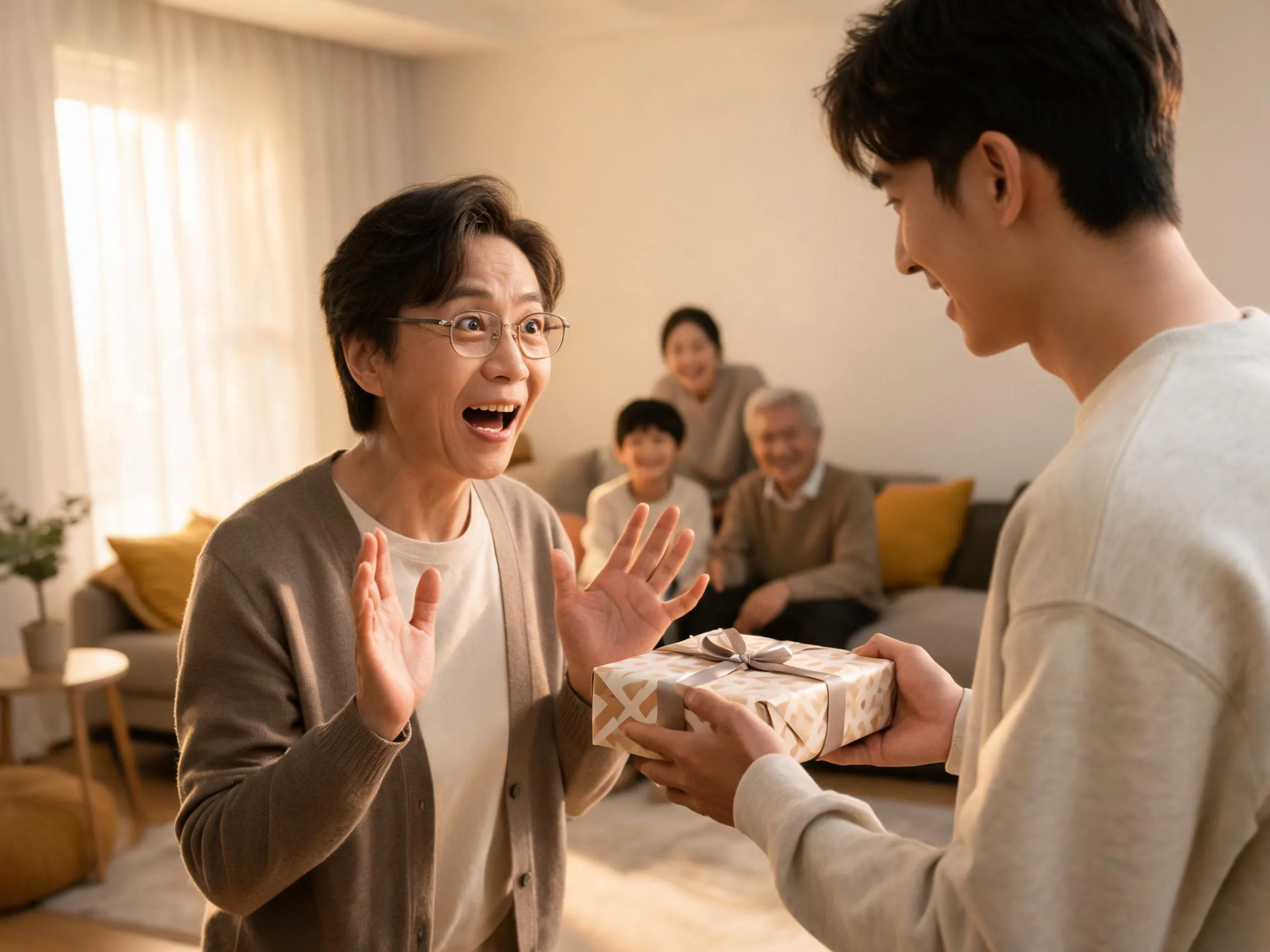 Person reacting with genuine surprise while receiving an unexpected gift indoors.
