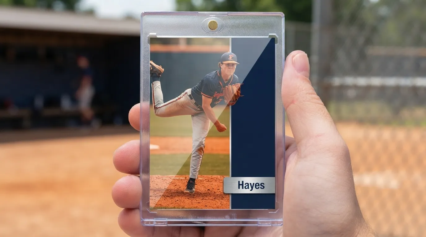 Custom baseball trading card featuring a Little League player mid-swing, printed on premium card stock with pro template design