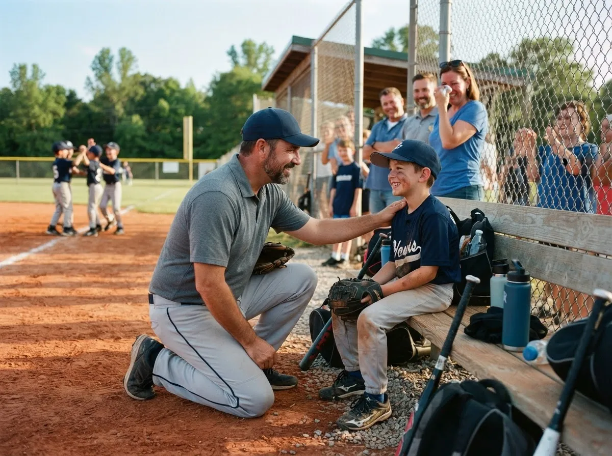Parent and child looking together at a freshly printed custom baseball card from a youth league championship game