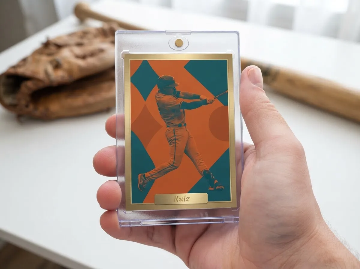 Close-up of a personalized baseball card in a free magnetic protective case resting on a wooden table surface