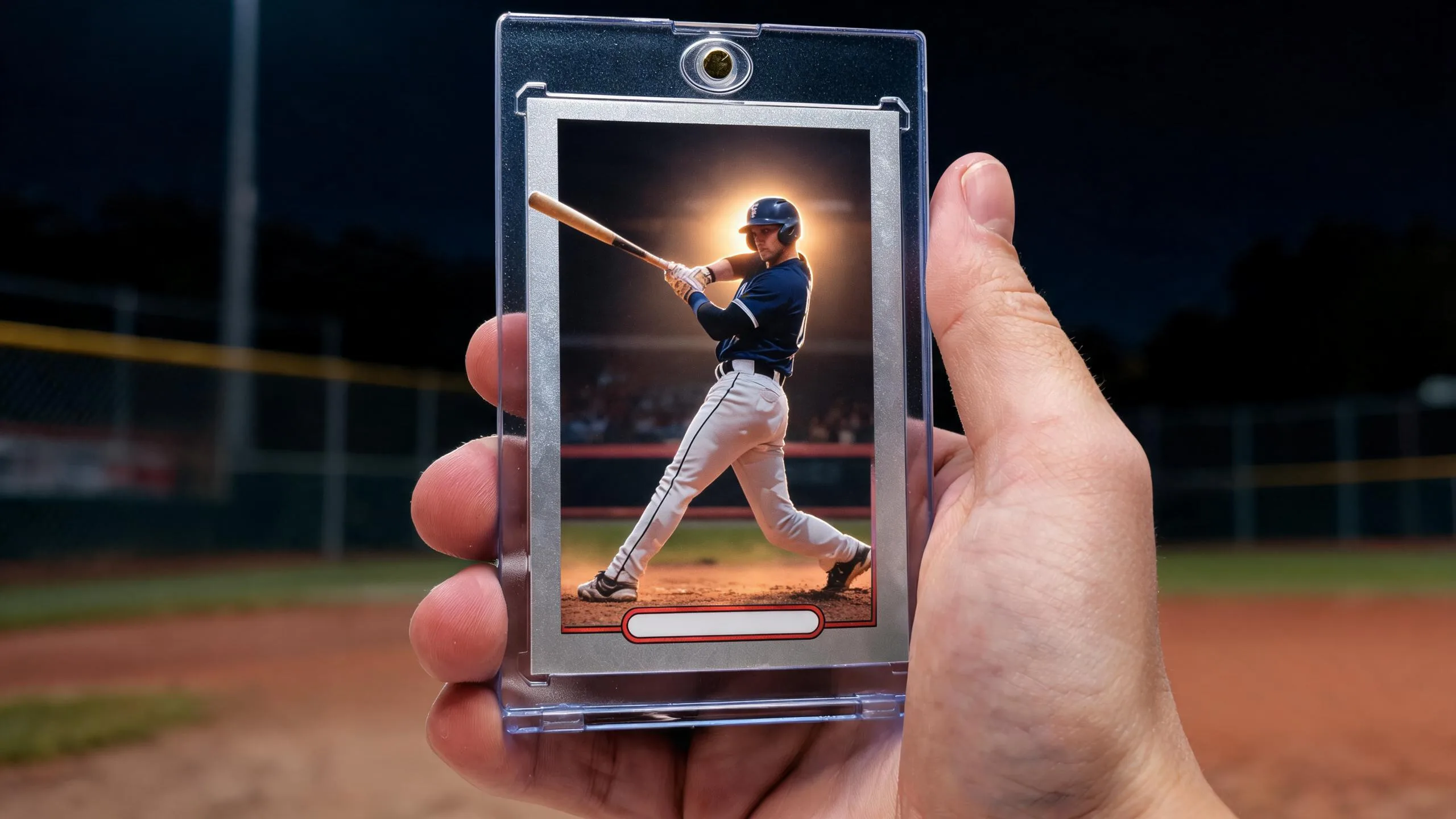 Hand holding magnetic case with custom baseball card, illustrating what baseball cards to buy.