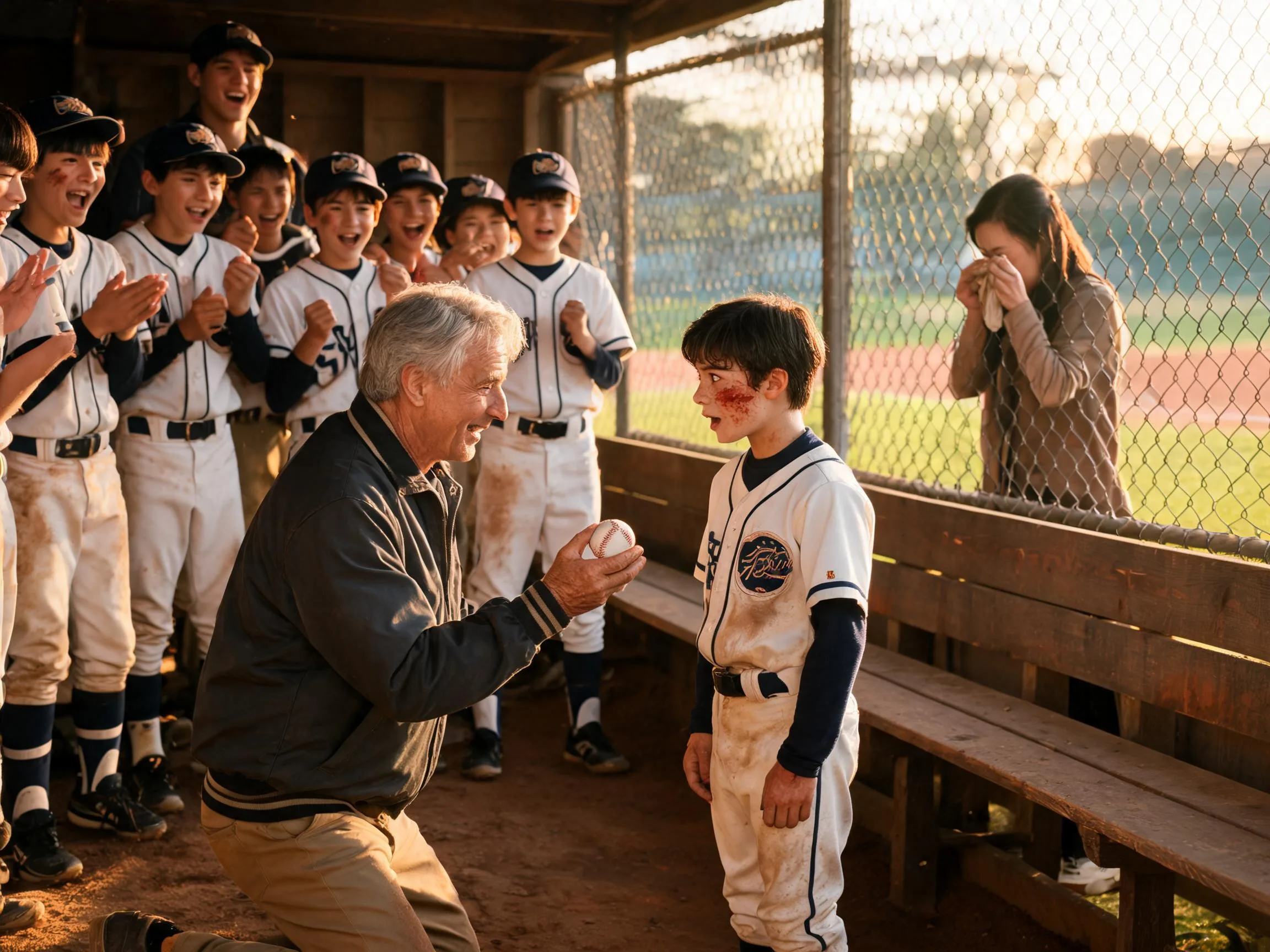Coach and young player share a proud emotional moment in a sunlit baseball dugout.