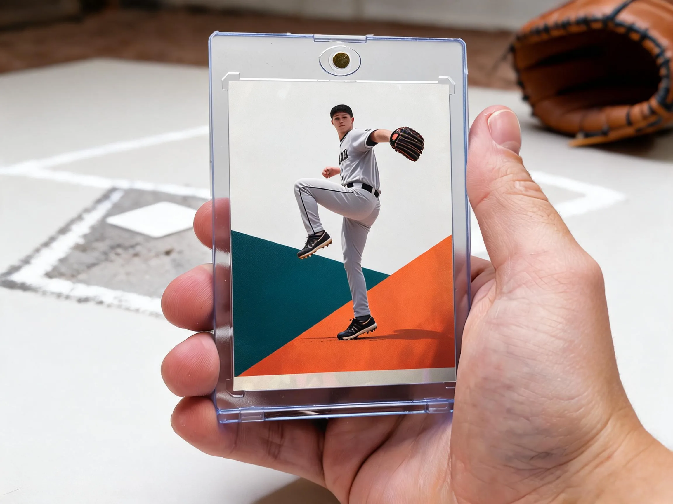 Custom baseball trading card in a clear magnetic case standing on a white tabletop.