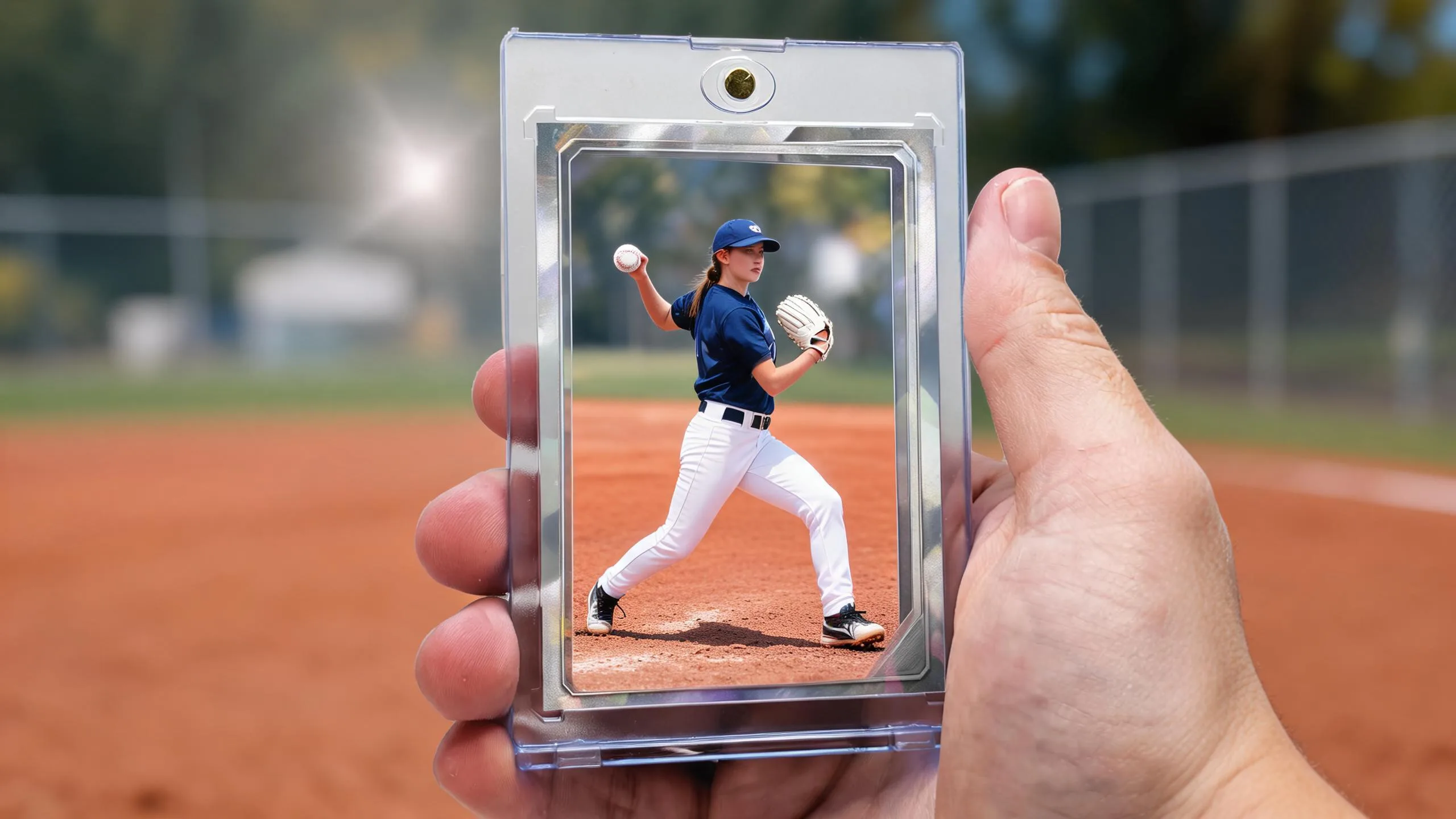 Hand holds magnetic case with pitcher card, exploring what brand baseball cards are worth the most.