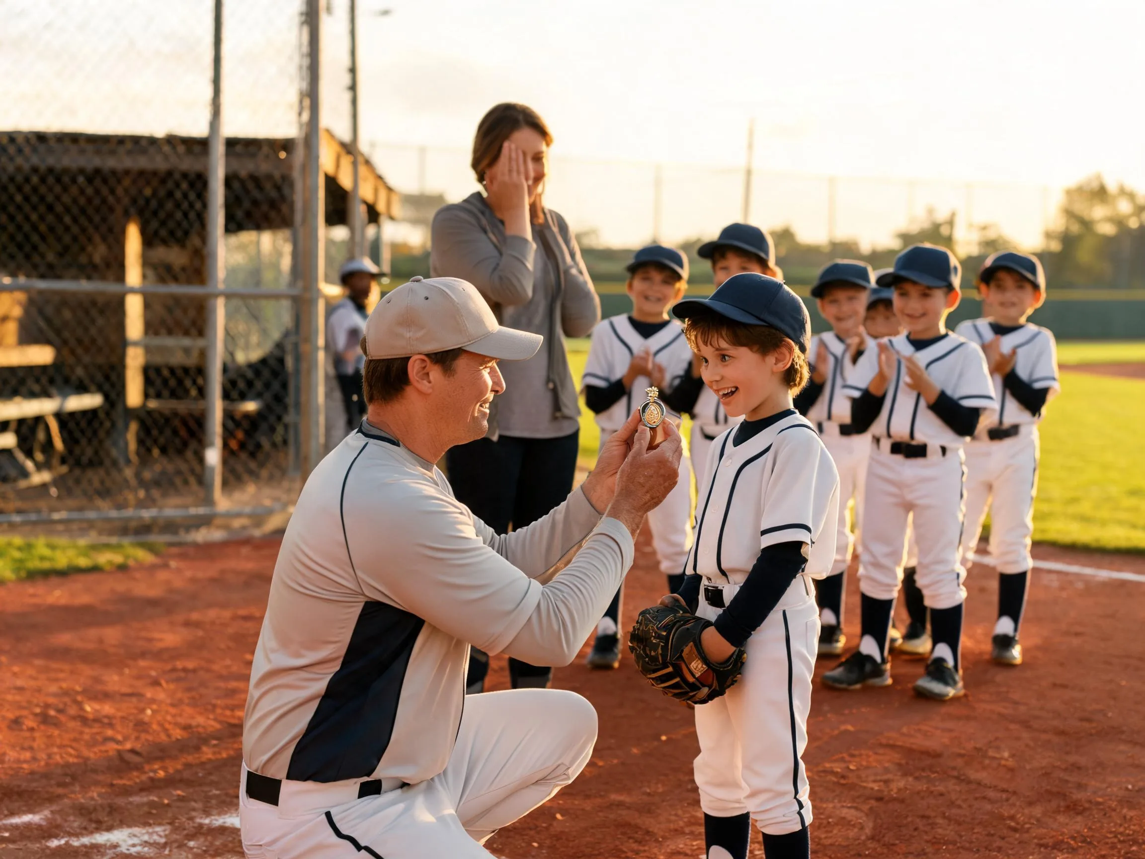 Coach shares proud moment with young athlete and family at sunlit baseball dugout.