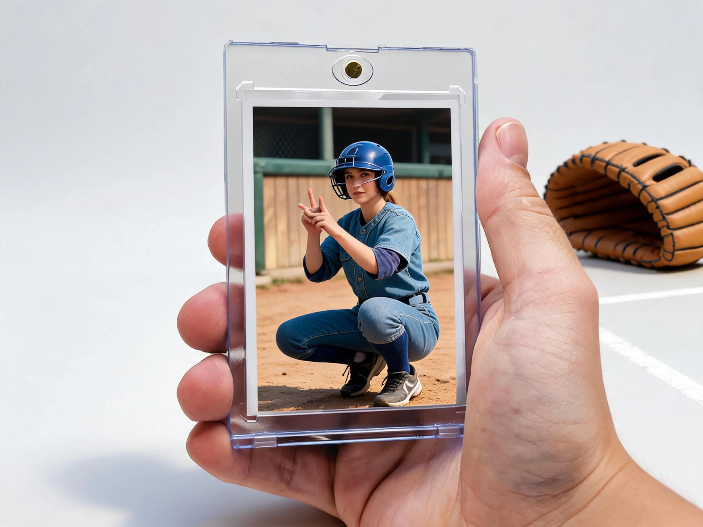 Custom baseball trading card of catcher in magnetic case on white tabletop.