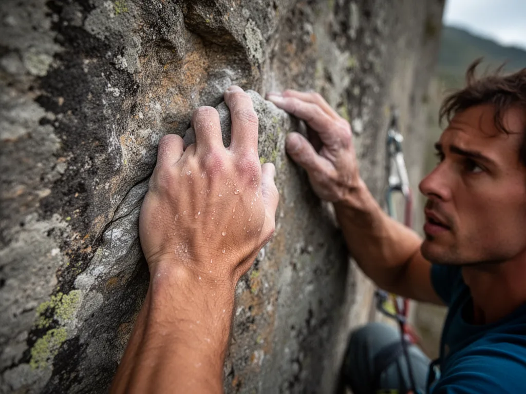 Close-up of climber's hands gripping rough stone with intense focus and visible athletic effort.