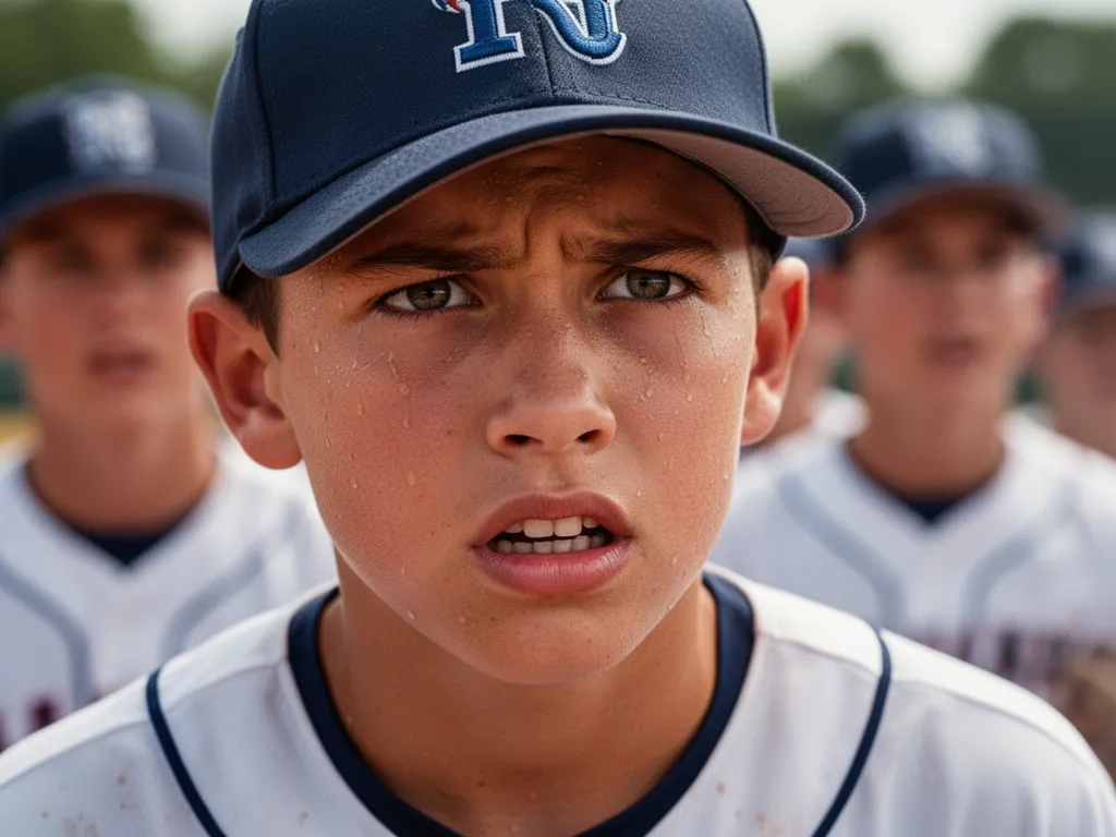 Young baseball player's focused expression and concentration during competitive gameplay moment