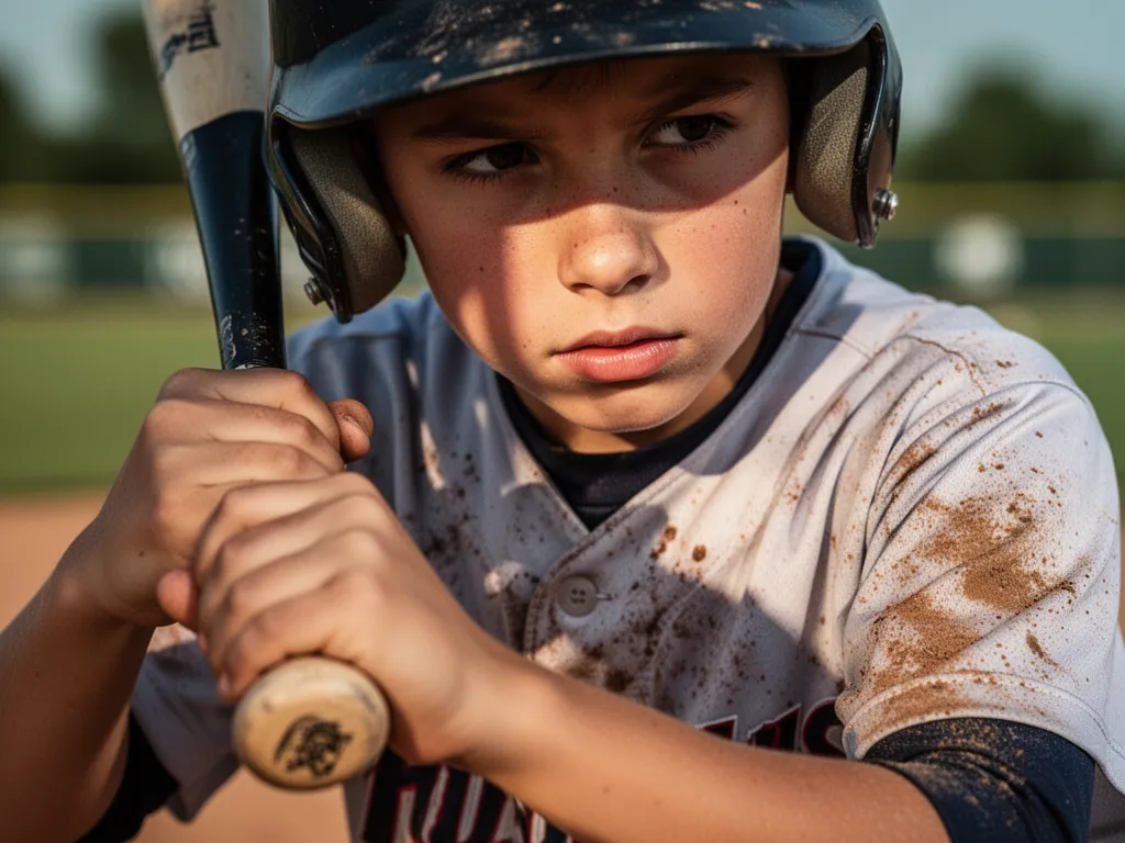 [Young player's focused expression while holding baseball bat, showing intensity and determination]