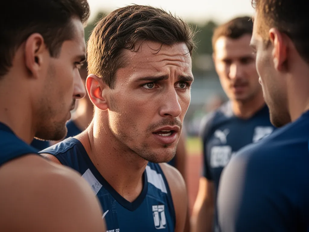 Athlete's concentrated expression during competition with supportive teammates visible in background moment.