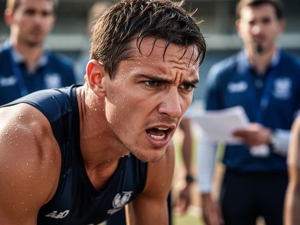 Close-up of focused athlete's face showing determination and intensity during competitive sports moment