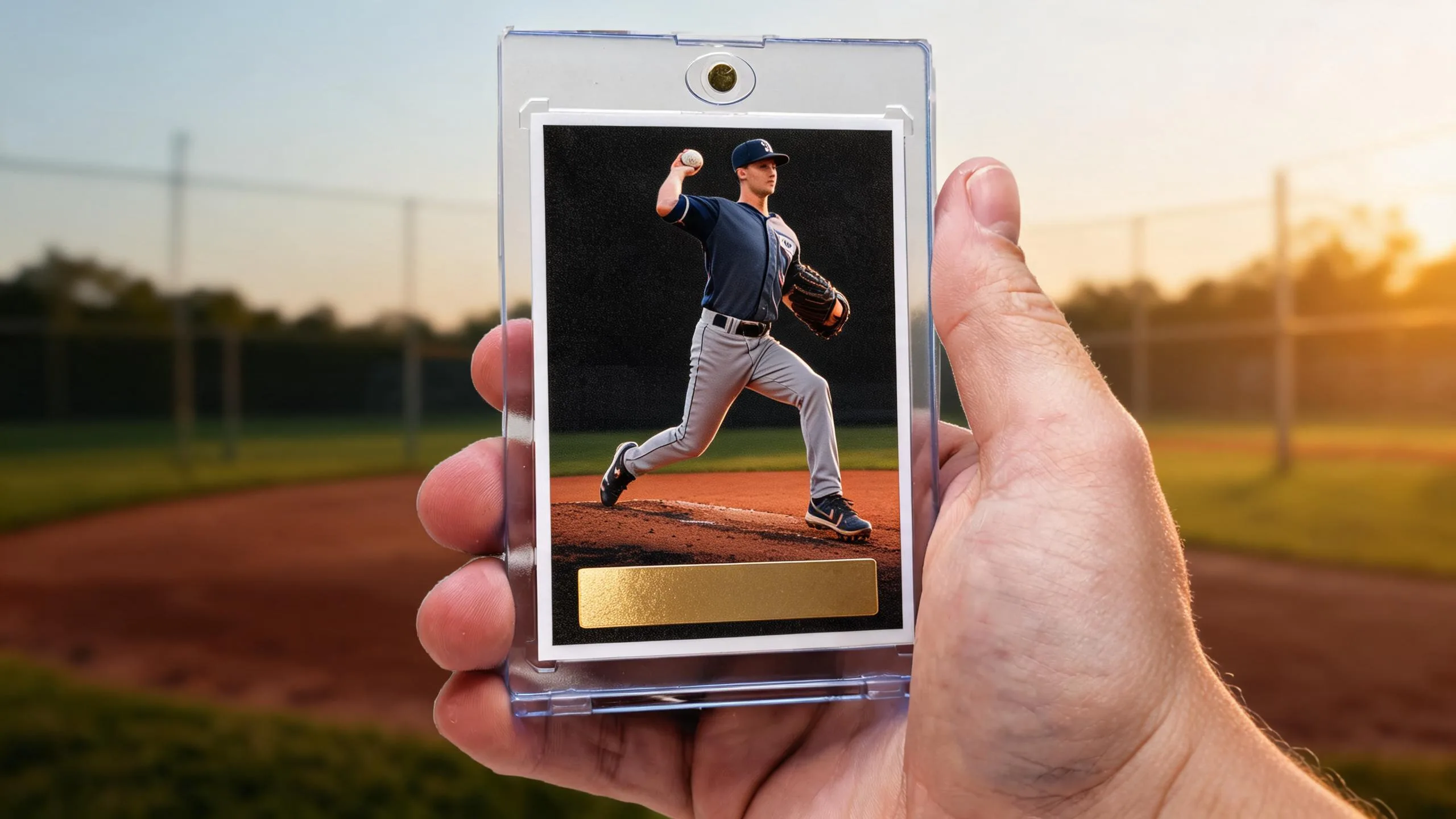 Hand holding magnetic case with premium card, answering what is the best brand of baseball cards to buy