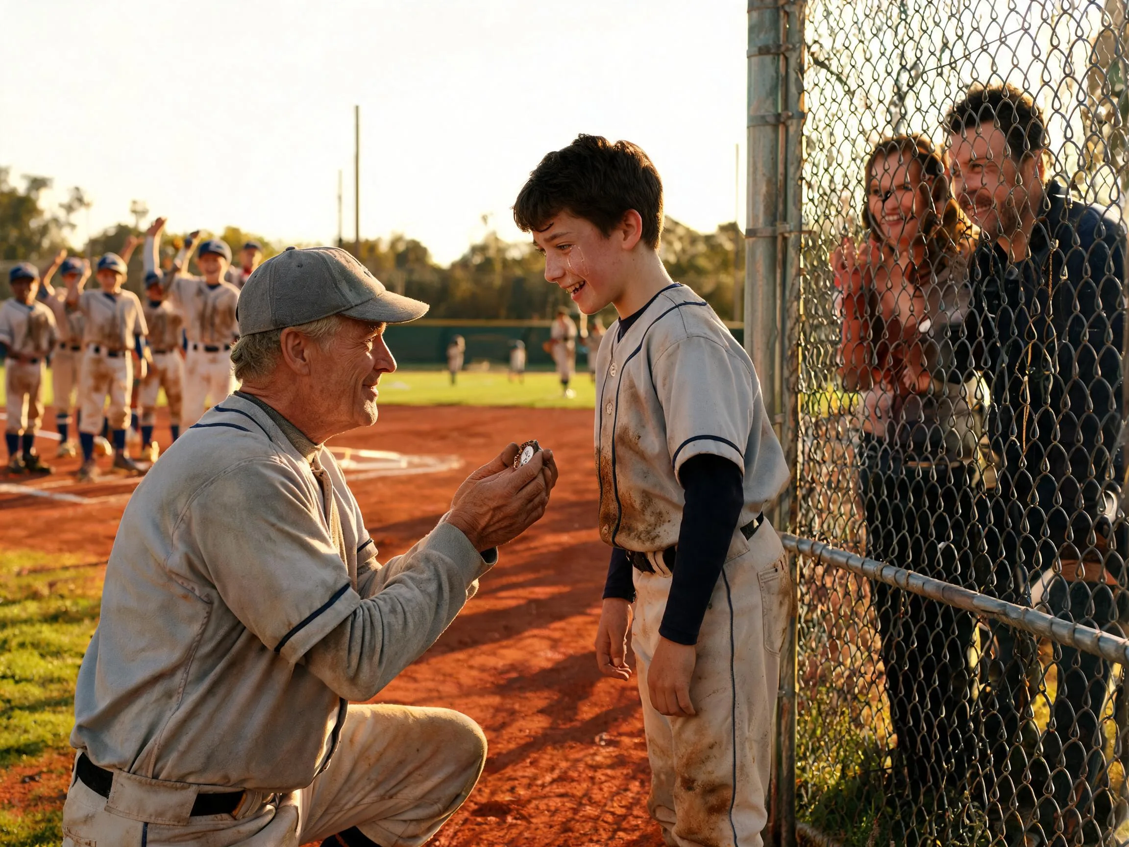Coach and family share proud emotional moment with young player at baseball dugout