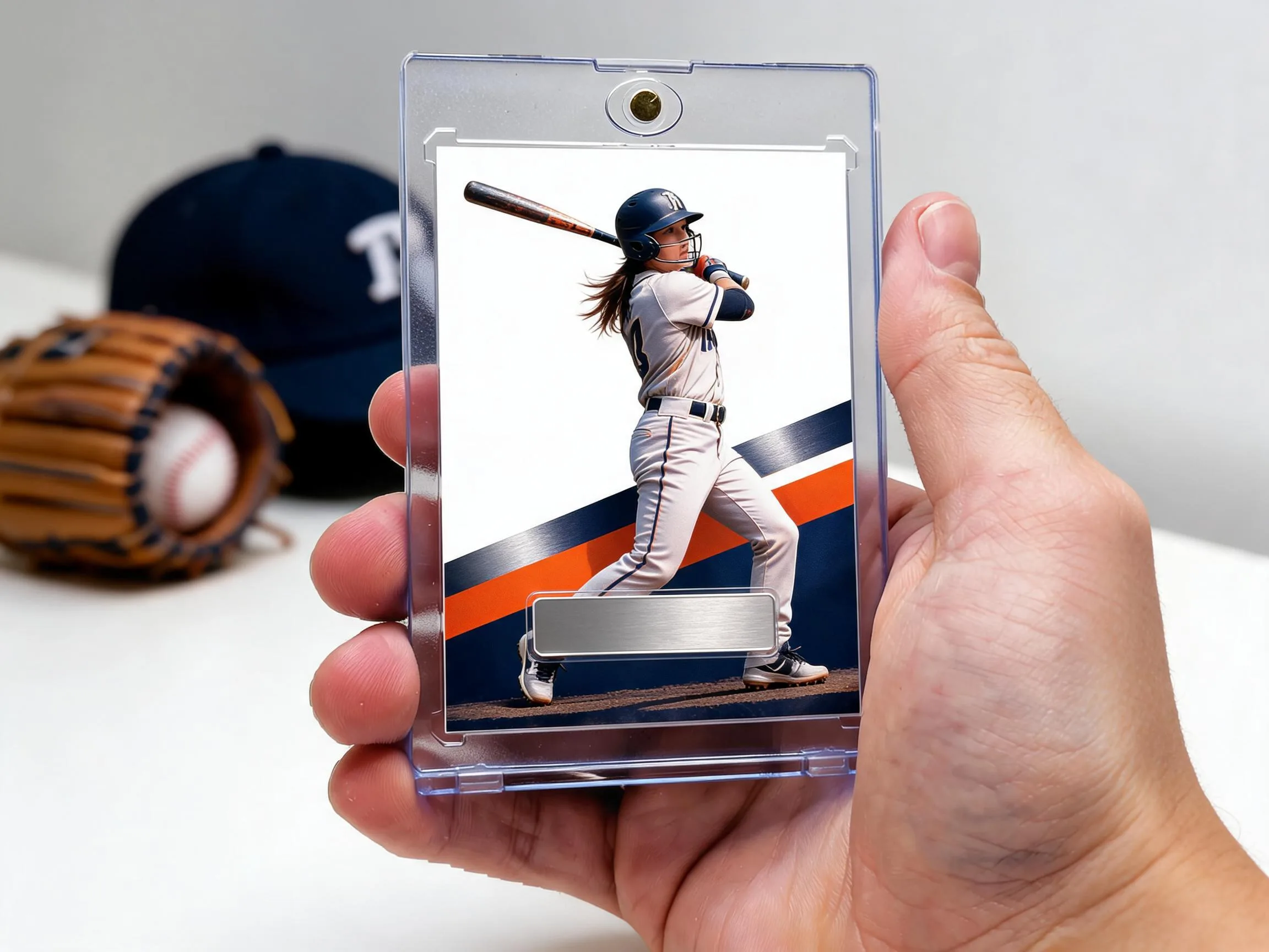 Custom baseball trading card in clear magnetic case standing on white tabletop