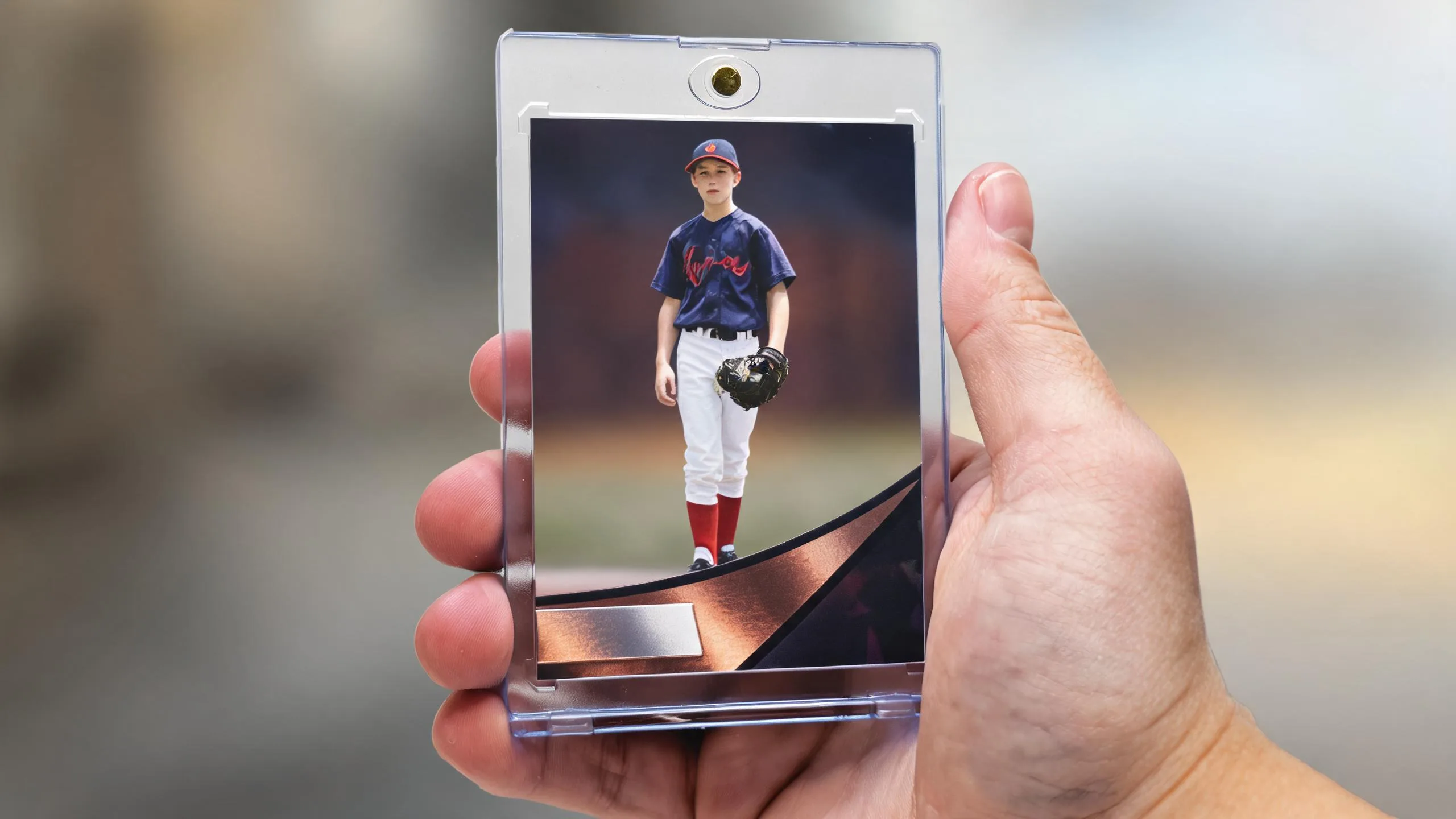 Hand holding magnetic case with custom athlete card, exploring what is the best camera for sports photography.