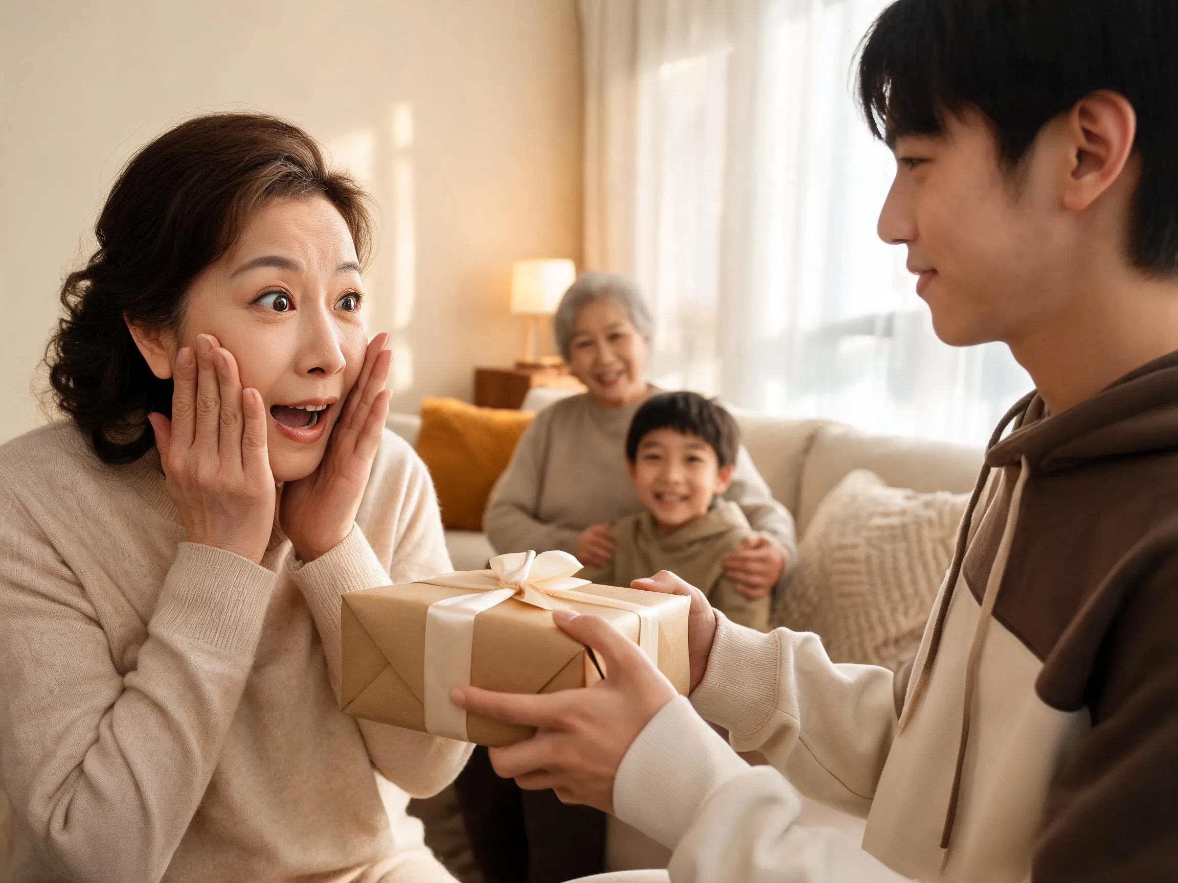 Person reacting with genuine surprise while receiving an unexpected gift indoors.