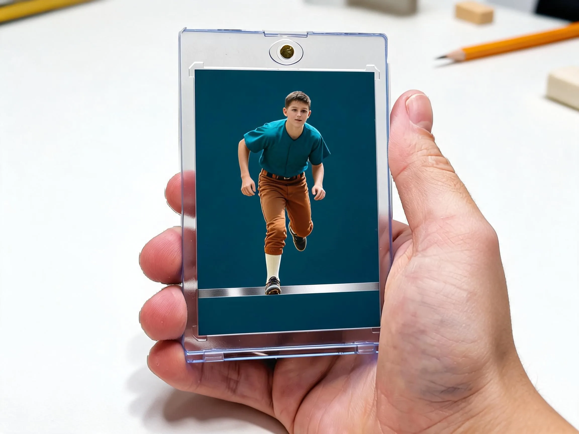 Custom keepsake trading card in a clear magnetic case on a white tabletop display.