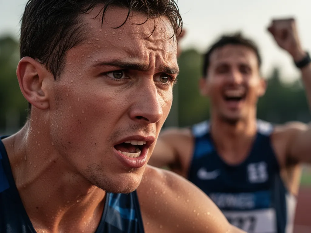 Athlete's determined face showing intensity and emotion during competitive sports moment