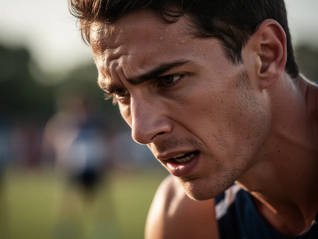 Athlete's concentrated face during competition showing determination and passion in sports moment
