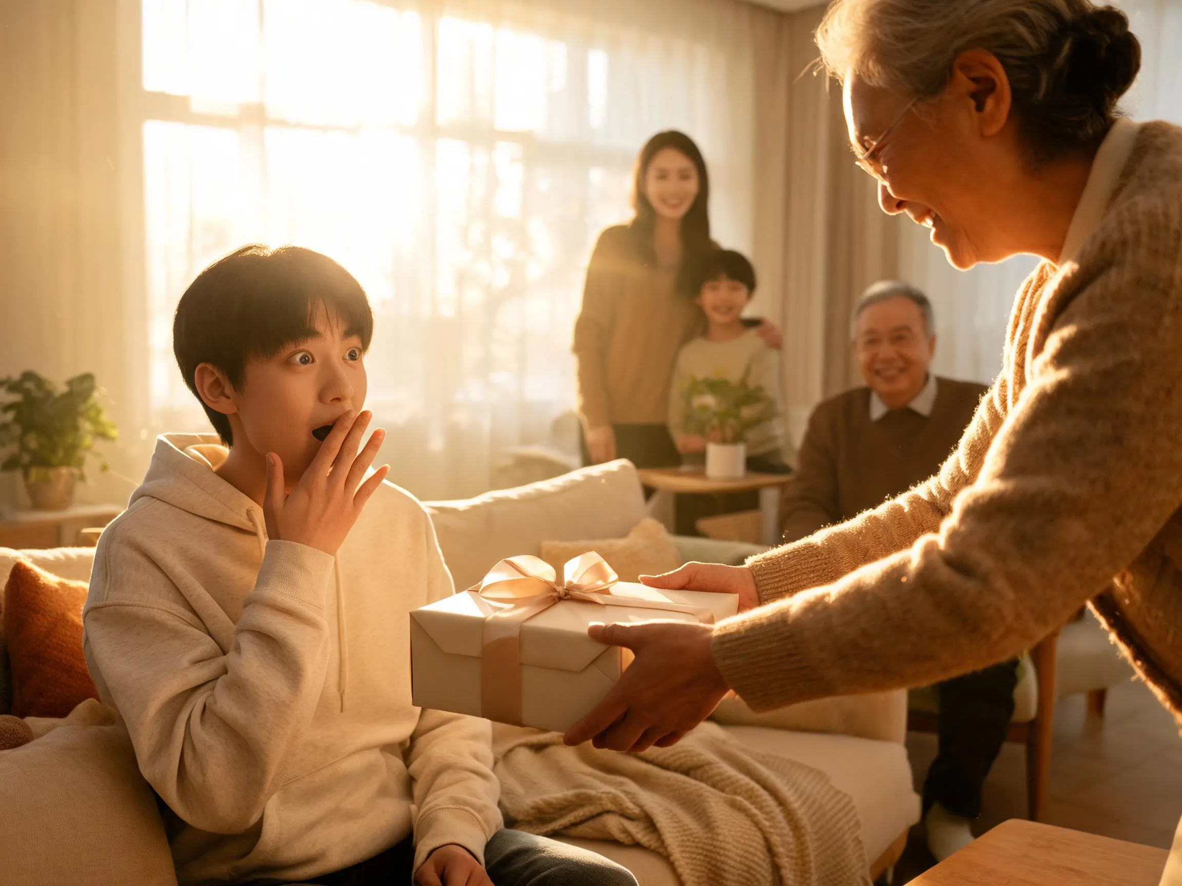 Teenager reacts with genuine surprise while being handed an unexpected gift at home