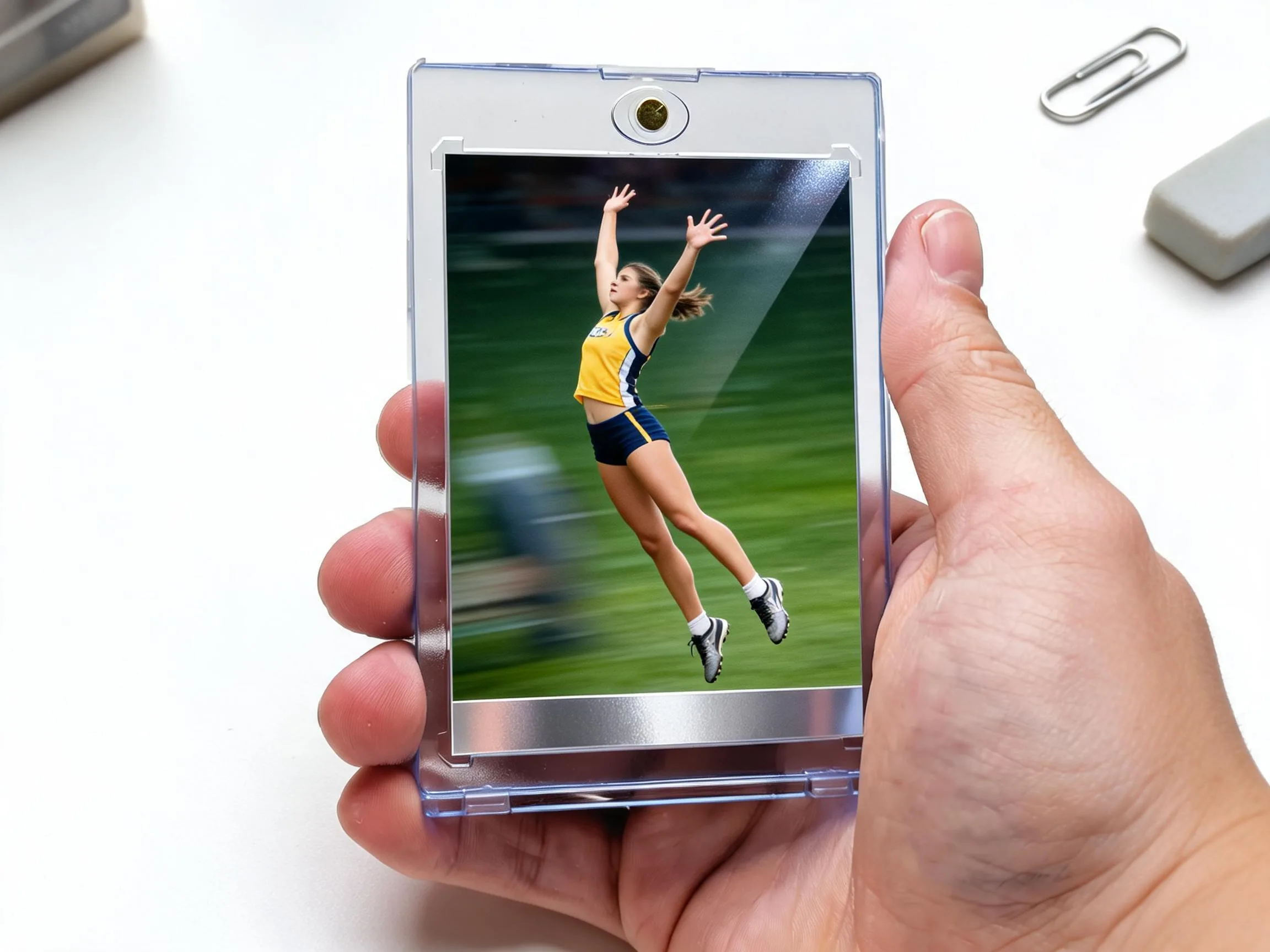 Custom keepsake trading card of an athlete in a magnetic display case on tabletop